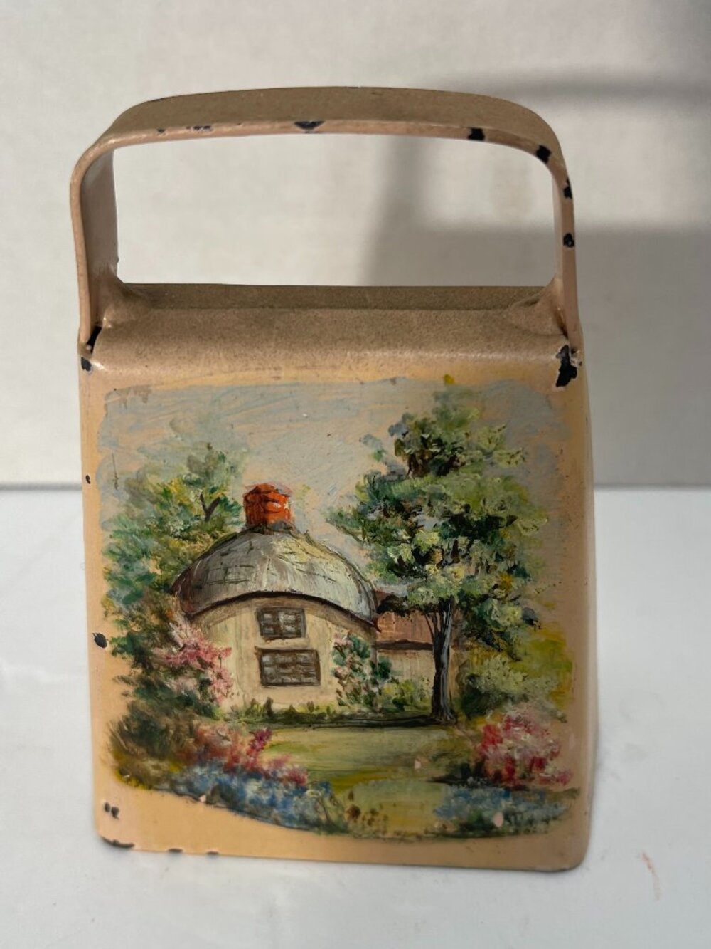 VTG Painted Cow Bell Scene of Cottage in the Countryside by Shirley Hawkins